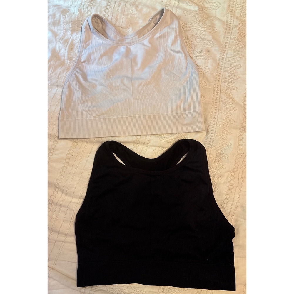 Ryka Set of 2 Ribbed‎ High Neck Longline Sports Bras, XL, White & Black